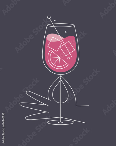 Obraz na płótnie Hand holding glass of spritz cocktail drawing in flat line style on dark blue background w salonie
