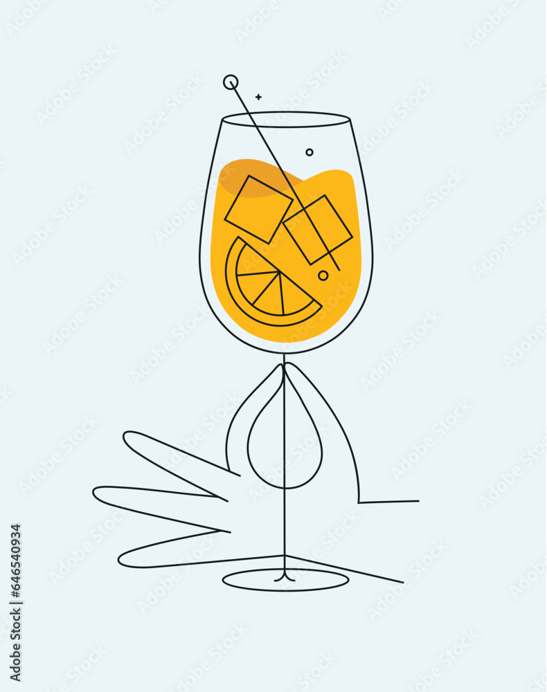 Hand holding glass of spritz cocktail drawing in flat line style on light background