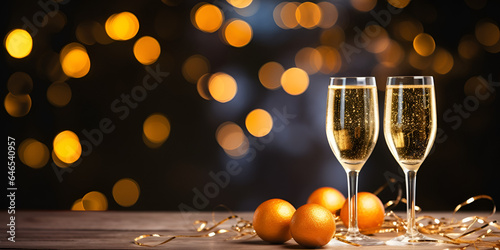 Two glasses of champagne on table, blurred blue background with lights