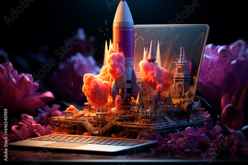 laptop computer with burning flame. mixed media