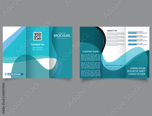 Trifold brochure with blue blurred waves. Vector editable template