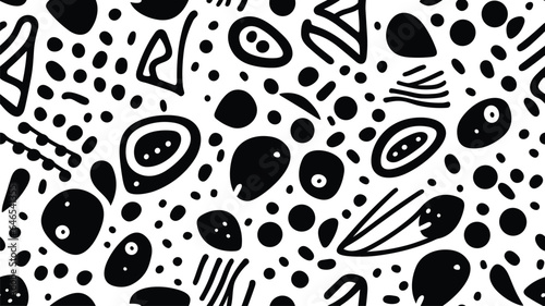 Fototapeta Naklejka Na Ścianę i Meble -  Abstract organic shape seamless pattern with black and white geometric doodles. Flat cartoon background, simple random shapes print texture