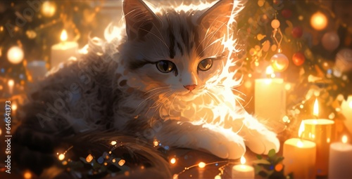 A cat laying on top of a table next to a christmas tree