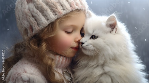 A little girl hugging a white cat in the snow © Maria Starus