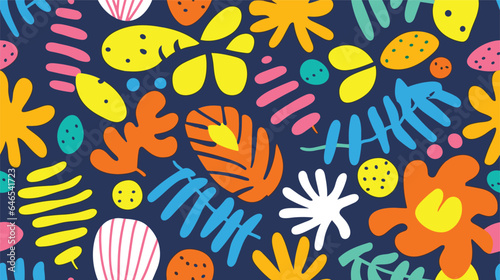 Abstract summer art seamless pattern with colorful nature doodles. Organic flat cartoon background, tropical vacation shapes in bright childish colors. Floral hawaiian print, exotic travel texture