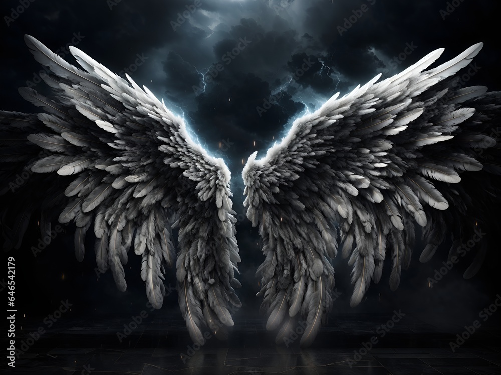 Angel Wings Thunder Clouds Backdrop Digital Background  - obrazy, fototapety, plakaty 
