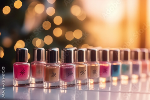 colorful bottles with nail polish against blurred festive lights. gift for Christmas, New Year or birthday.