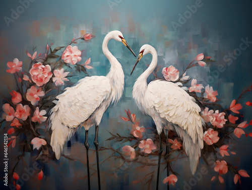 Red crowned crane birds with floral in watercolor oil and acylic style