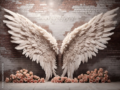Angel Wings Brick Wall Roses Backdrop Digital Background 