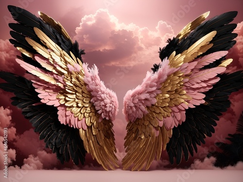 Angel Wings White Pink Black Gold Clouds Digital Backdrop Background 
