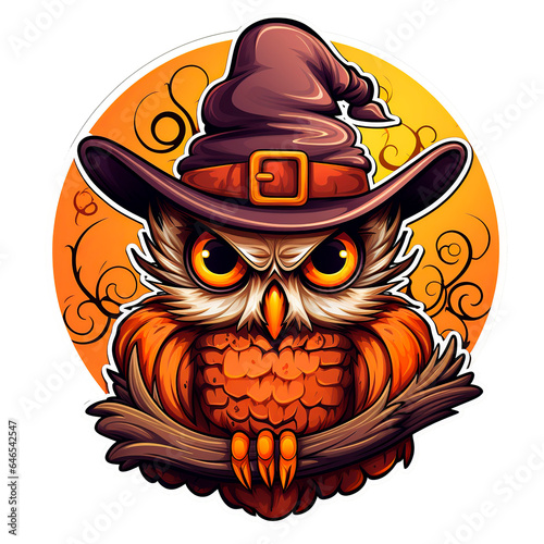 Owl Halloween with hat witch design Sticker Hand Drawn