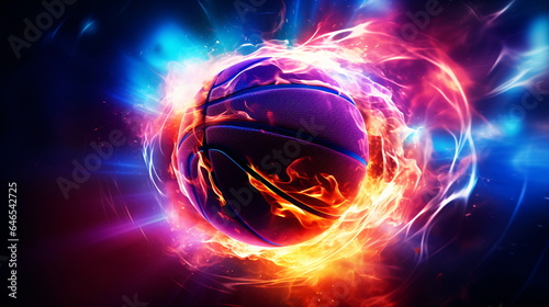 Fiery Basketball In Flames  neon lines basketball light background arena. Futuristic sports concept. Generative AI