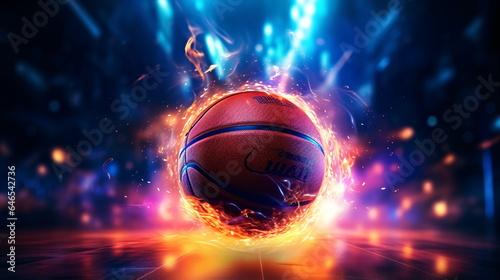 Fiery Basketball In Flames, neon lines basketball light background arena. Futuristic sports concept. Generative AI © Mickael