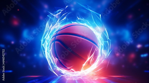 Fiery Basketball In Flames, neon lines basketball light background arena. Futuristic sports concept. Generative AI
