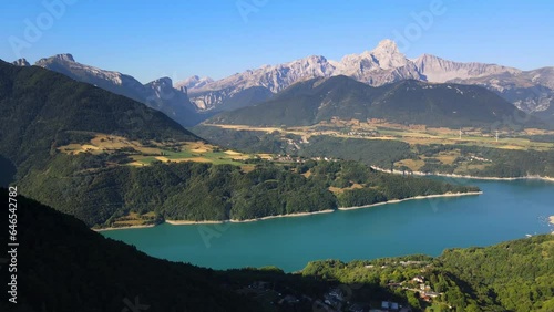 Aerial view of Sautet Lake and the higest point in the Devoluy mountain range, the Obiou peak. Isere, Alps, France photo