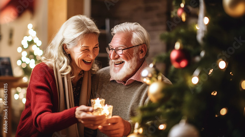 Senior couple at home near the Christmas tree holding candles in their hands and washing away. Celebrating winter holidays happily together.Close up. Generative AI.