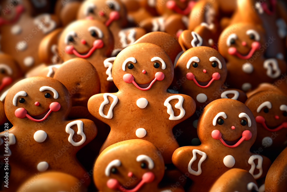 Gingerbread Men Background.  Christmas homemade gingerbread cookies. Template for packaging, cover, design, advertising.