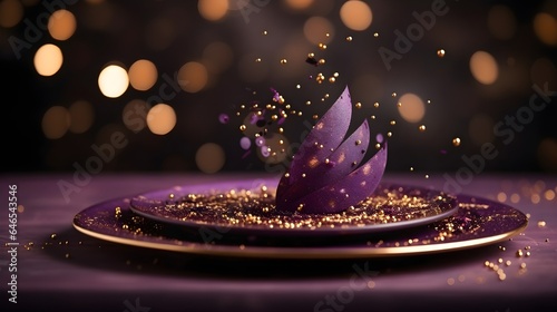 Purple organic restaurant meal with golden serpentine on a table. Festive purple background.