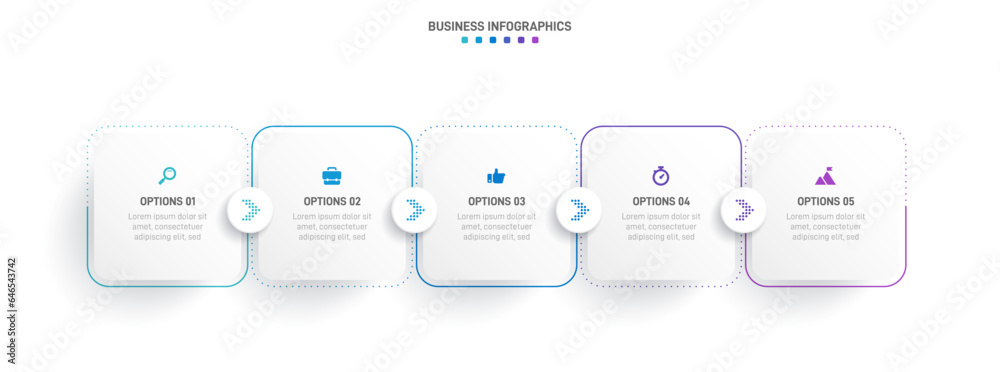 Timeline infographic with infochart. Modern presentation template with 5 spets for business process. Website template on white background for concept modern design. Horizontal layout.