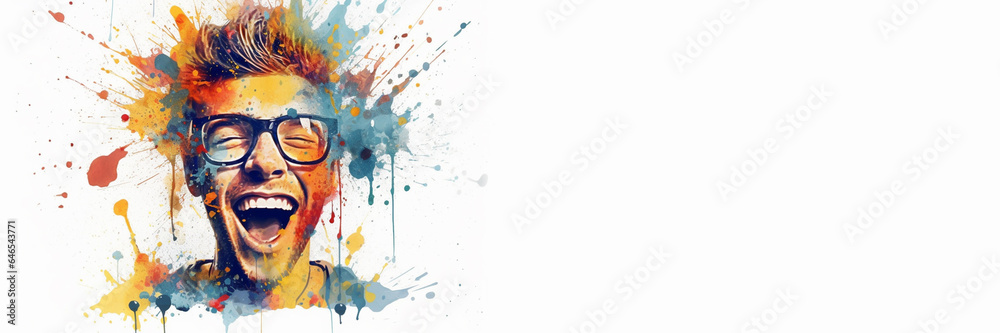 Mental health, happiness, creative abstract concept.  Colorful illustration of male head, paint splatter style. Mindfulness, positive thinking, self care idea. Banner white background.