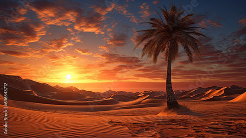 Sunset in the desert. Horizontal illustration with alone palm tree and sand dunes illuminated by the setting sun. For covers  backgrounds  wallpapers and other projects.