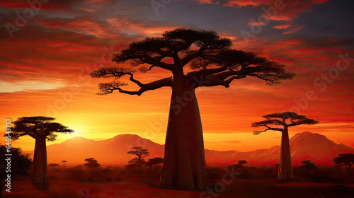Foto Illustration with the sunset in a baobab forest with hills illuminated by the setting sun on the background