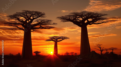 Leinwand Poster Sunset in the savannah with baobab trees