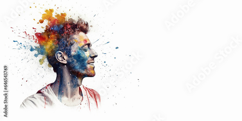 Mental health, happiness, creative abstract concept.  Colorful illustration of male head, paint splatter style. Mindfulness, positive thinking, self care idea. Banner white background.
