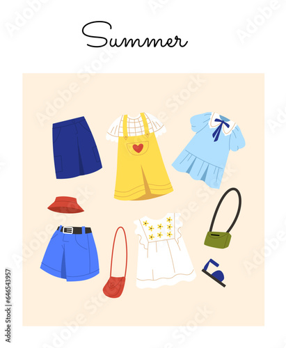 Children summer outfits set. Wear and apparel for sunny season and hot weather. Blue and yellow dresses with bags for girls. Cartoon flat vector collection isolated on beige background