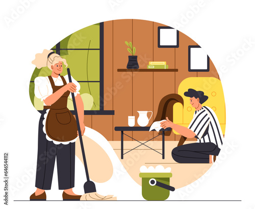 People cleaning home concept. Man and woman in uniform with broom and basket with soap. Clean and hygene. Routine and household chores. Poster or banner. Cartoon flat vector illustration