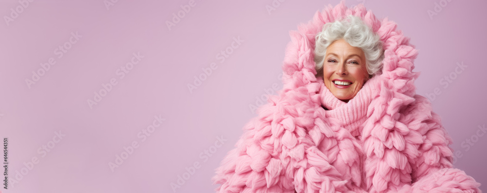 Old woman in full knitted cozy costume isolated on pastel background with a place for text Old woman in full knitted cozy costume isolated on pastel background with a place for text