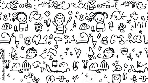 Funny black and white children doodle icon seamless pattern. Cute happy kid drawing symbol wallpaper print  education conept background illustration texture.