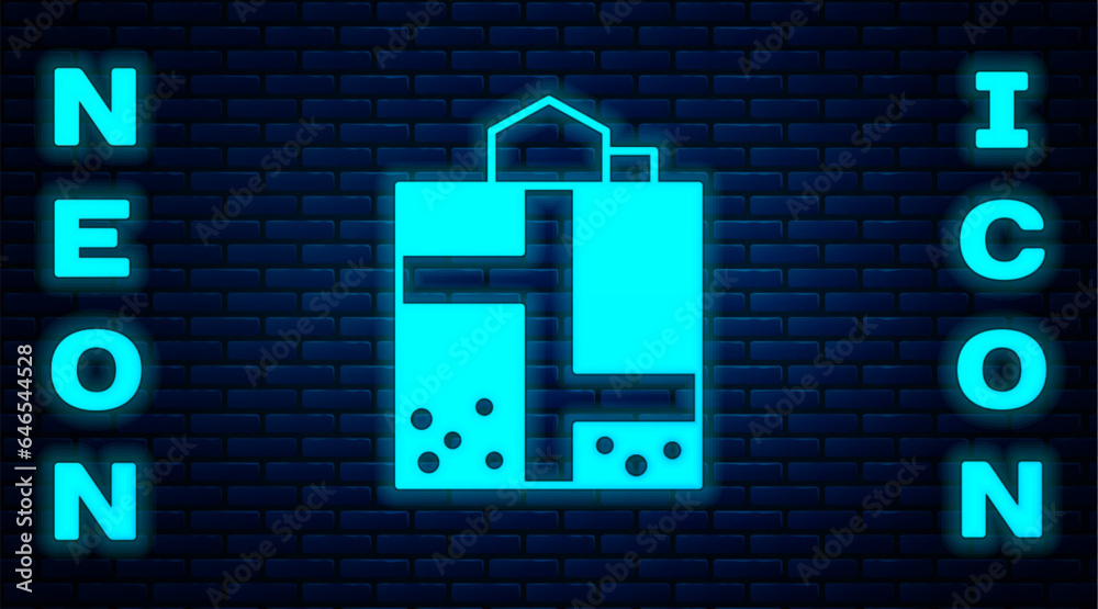 Glowing neon Mine entrance icon isolated on brick wall background. Vector
