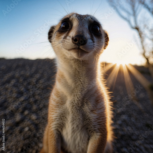 Nimble meerkat with alert eyes and a standing posture from the sandy deserts of Kalahari