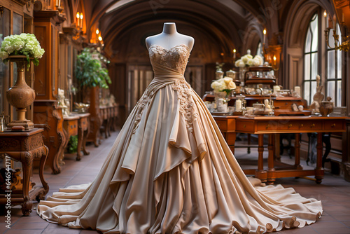 Beautiful Haute couture long lush beige silky full length dress with beautiful flowers in a tailor room, atelier. Stylish fashion shot