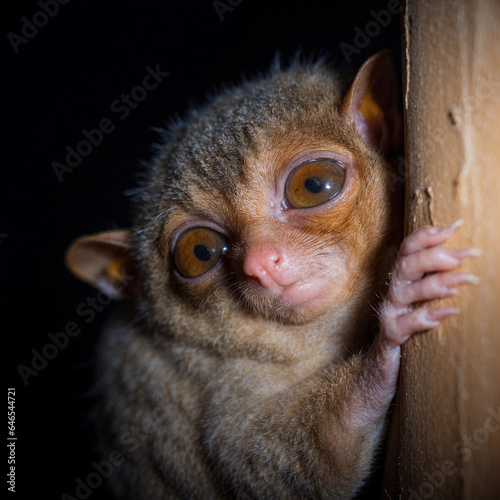 Portrait of a nimble tarsier clinging to a tree