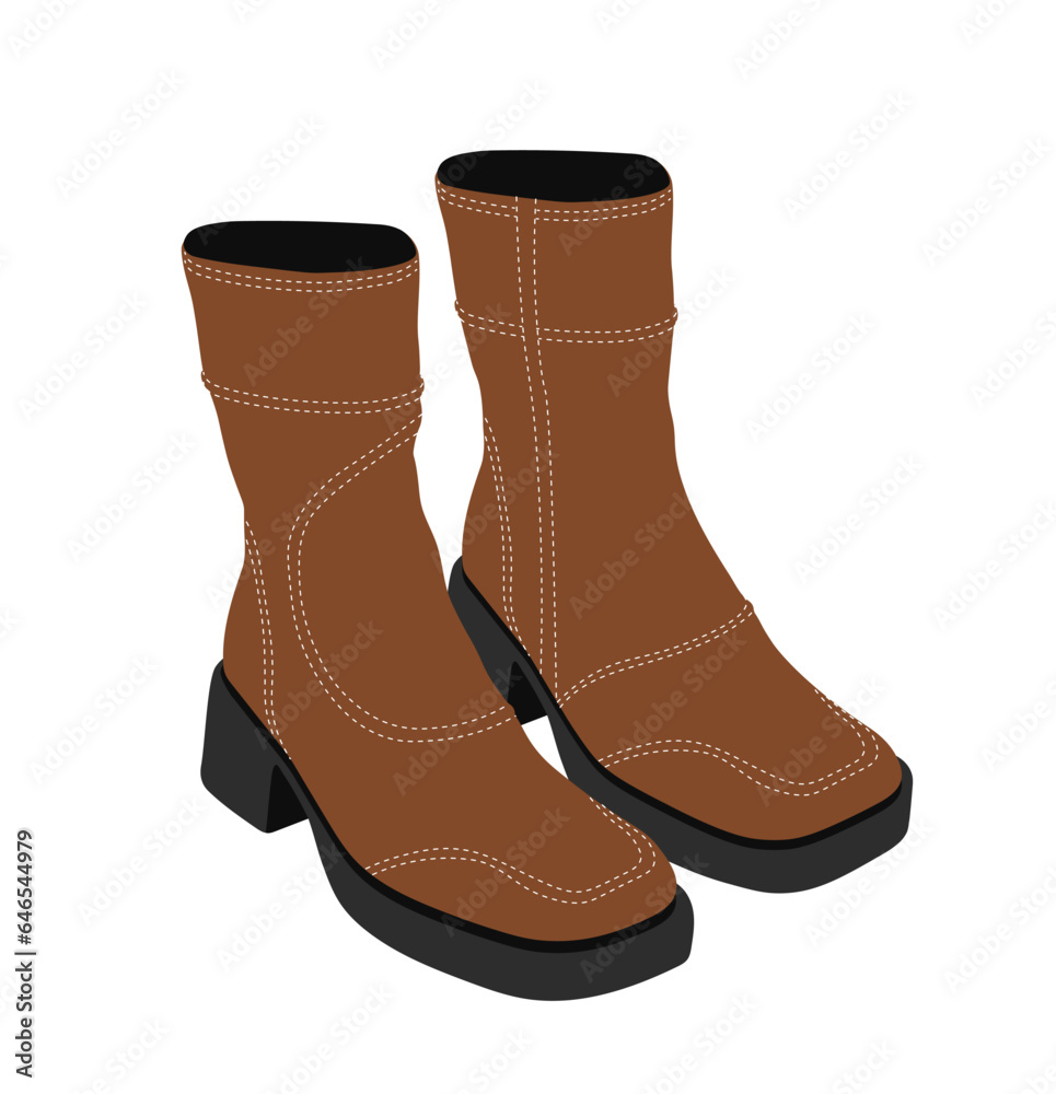Female brown boots concept. Fashion, trend and style. Part of outwear for cold weather. Autumn and fall season, rain protection. Cartoon flat vector illustration isolated on white background Female brown boots concept. Fashion, trend and style. Part of outwear for cold weather. Autumn and fall season, rain protection. Cartoon flat vector illustration isolated on white background