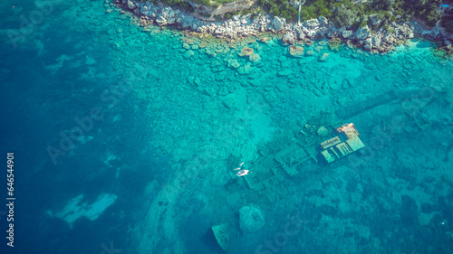 Aerial image of sunken ship Boka, on the Mokalo beach near the town of Orebic at the Peljesac peninsula, Croatia