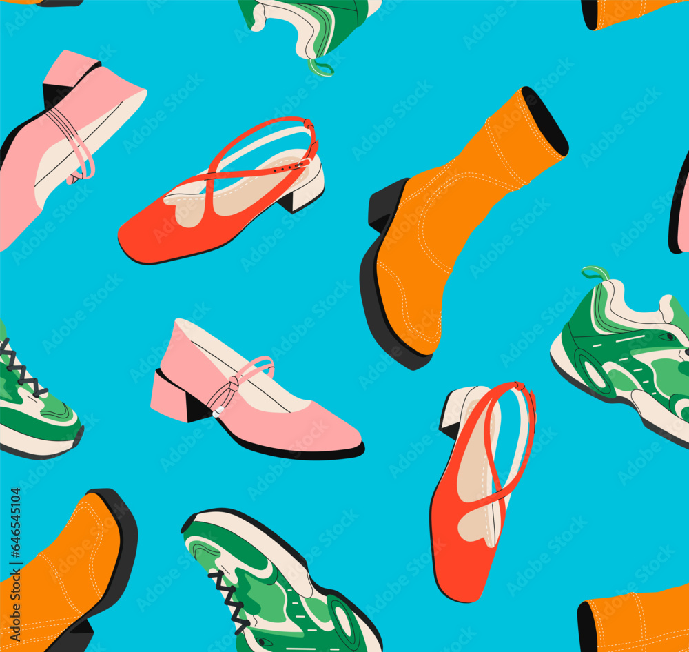 Female shoes seamless pattern concept. Repeating design element for printing on fabric. Pink shoes and green sneakers. Aesthetics and elegance. Cartoon flat vector illustration Female shoes seamless pattern concept. Repeating design element for printing on fabric. Pink shoes and green sneakers. Aesthetics and elegance. Cartoon flat vector illustration