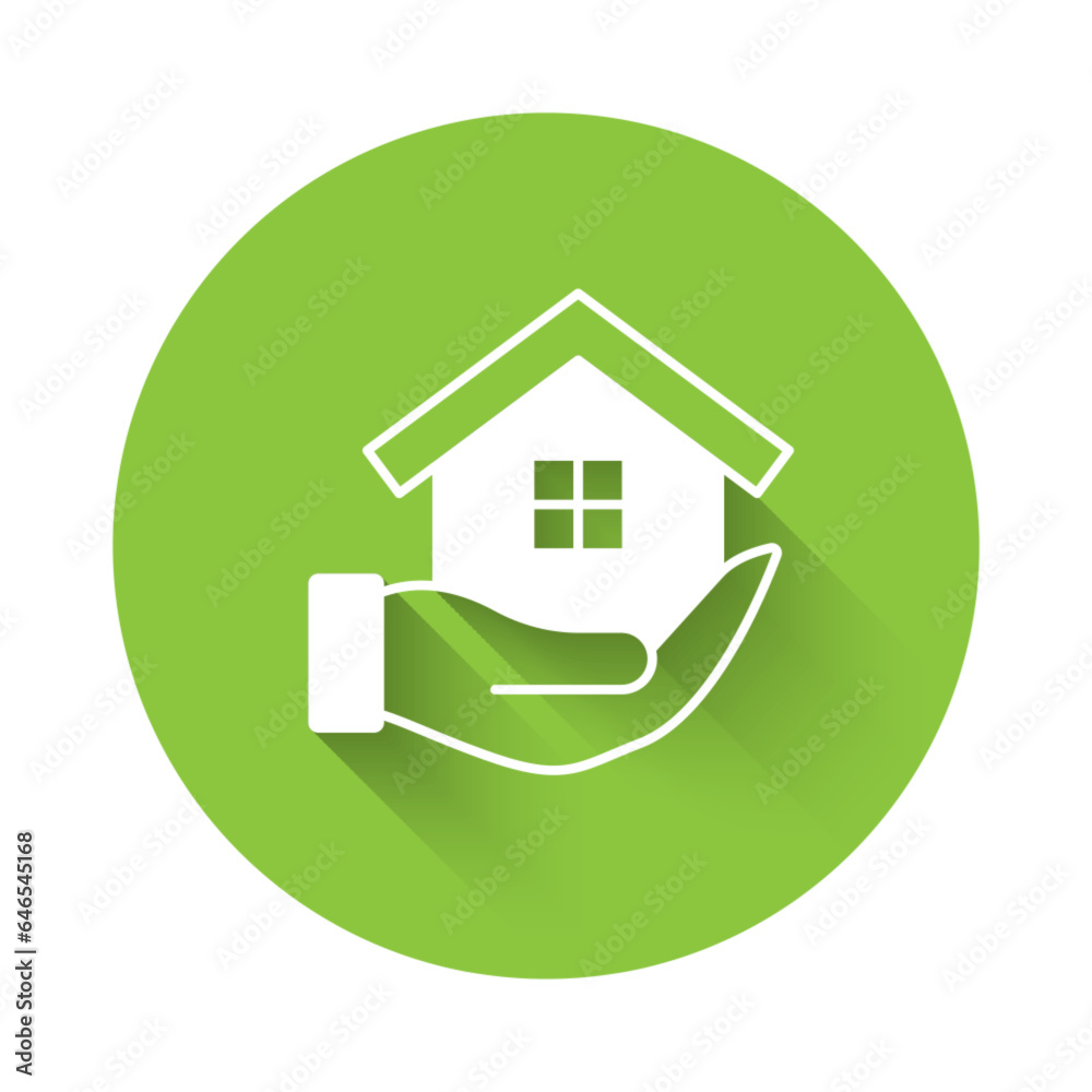 White House in hand icon isolated with long shadow background. Insurance concept. Security, safety, protection, protect concept. Green circle button. Vector White House in hand icon isolated with long shadow background. Insurance concept. Security, safety, protection, protect concept. Green circle button. Vector