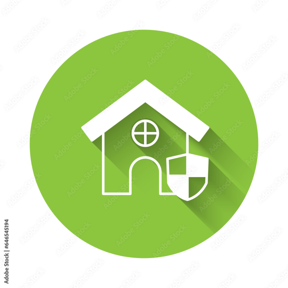White House with shield icon isolated with long shadow background. Insurance concept. Security, safety, protection, protect concept. Green circle button. Vector White House with shield icon isolated with long shadow background. Insurance concept. Security, safety, protection, protect concept. Green circle button. Vector