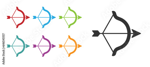 Black Bow and arrow icon isolated on white background. Cupid symbol. Love sign. Happy Valentines day. Set icons colorful. Vector