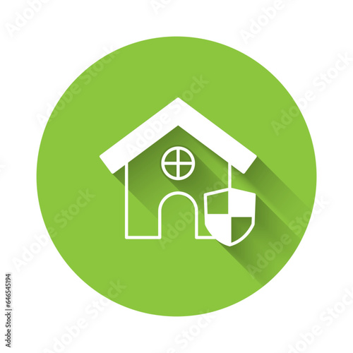 White House with shield icon isolated with long shadow background. Insurance concept. Security, safety, protection, protect concept. Green circle button. Vector