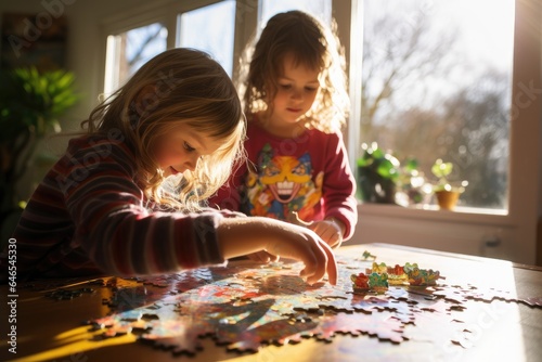 Two little girls are playing with a puzzle. Generative AI.