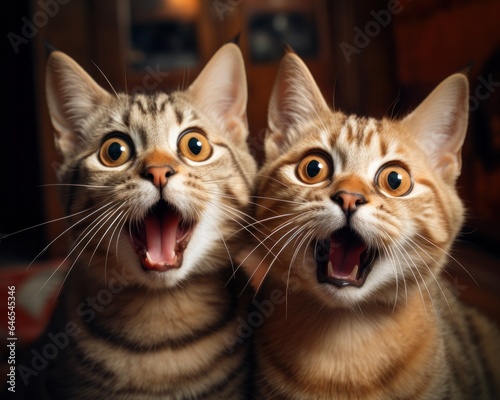 Two cats that have a mouth open  in the style of lively facial expressions