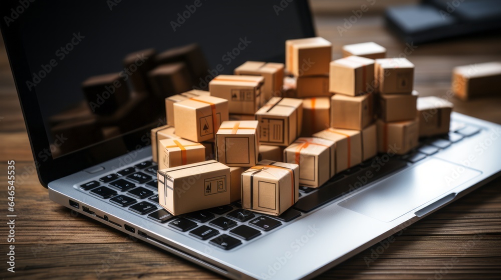 Open laptop with boxes on the keyboard. Internet shopping concept Open laptop with boxes on the keyboard. Internet shopping concept