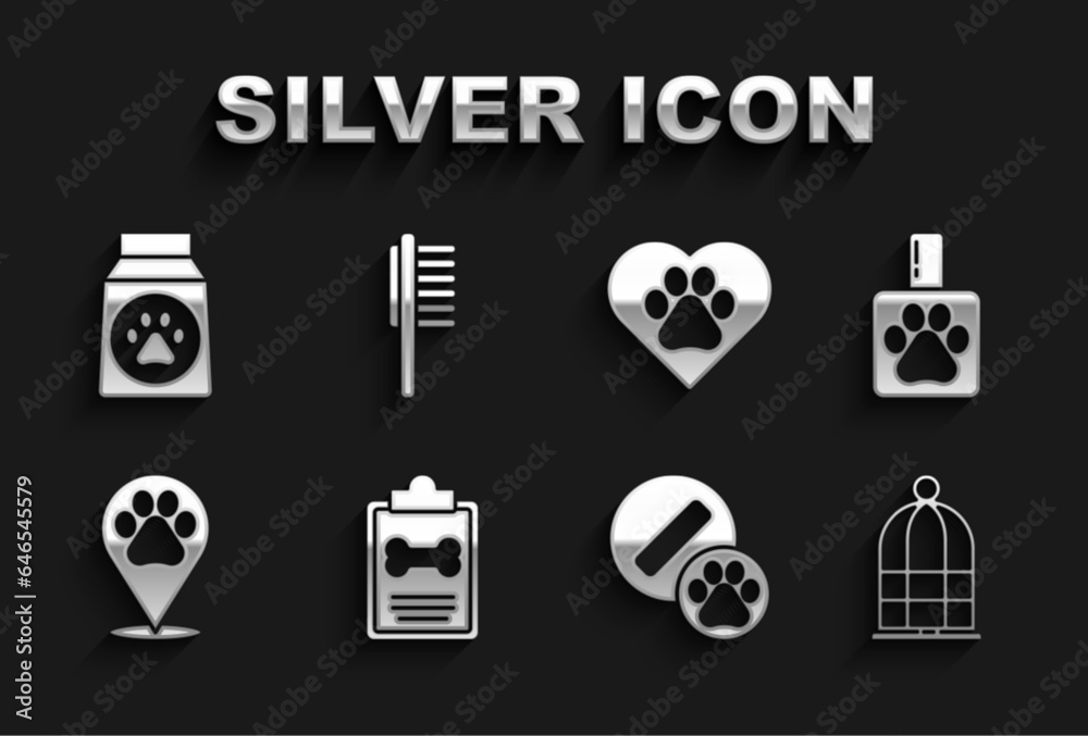 Set Clinical record pet, Pet shampoo, Cage for birds, Dog pill, Location veterinary, Heart with animals footprint, Bag of food and Pets vial medical icon. Vector Set Clinical record pet, Pet shampoo, Cage for birds, Dog pill, Location veterinary, Heart with animals footprint, Bag of food and Pets vial medical icon. Vector