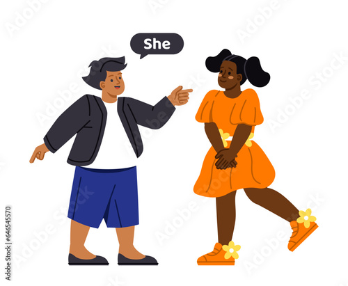 Kids with gender pronouns concept. Young guy pointing at girl and say her. Schoolers and children, friends. Template and mock up. Cartoon flat vector illustration isolated on white background
