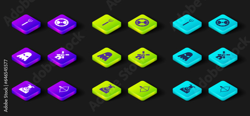 Set Joker head, Medieval bow and arrow, Executioner mask, Windmill, Round wooden shield and Garden pitchfork icon. Vector