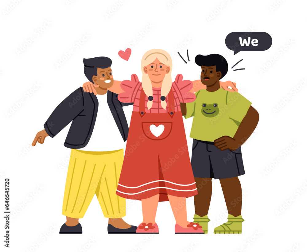Kids with gender pronouns concept. Young guys and girl hugging and say we. Friends and students. Sticker for social networks. Cartoon flat vector illustration isolated on white background Kids with gender pronouns concept. Young guys and girl hugging and say we. Friends and students. Sticker for social networks. Cartoon flat vector illustration isolated on white background